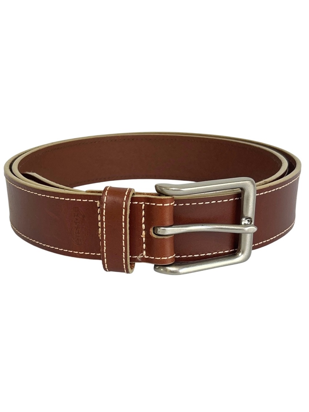 Fossil Belt Men’s Sz 42 Brown Genuine Leather Silver Buckle Engraved Logo Jeans